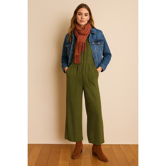 NEW! Roolee M Polka Dot Jumpsuit $99 Wide Leg Cropped V Neck Olive Green White - Picture 10 of 10